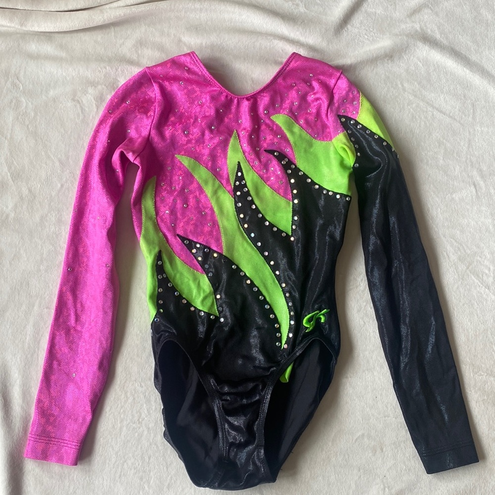 GK Elite long-sleeve rhinestone gymnastics competition leotard.